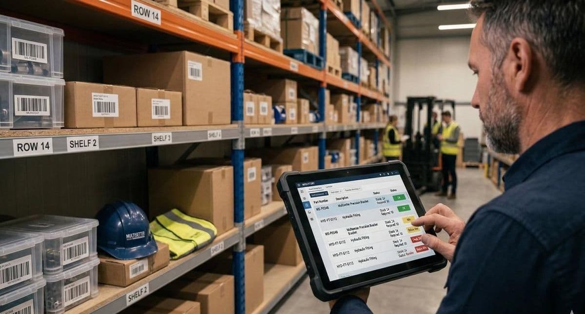 Tablet in magazijn, digitale automatisering werkprocessen